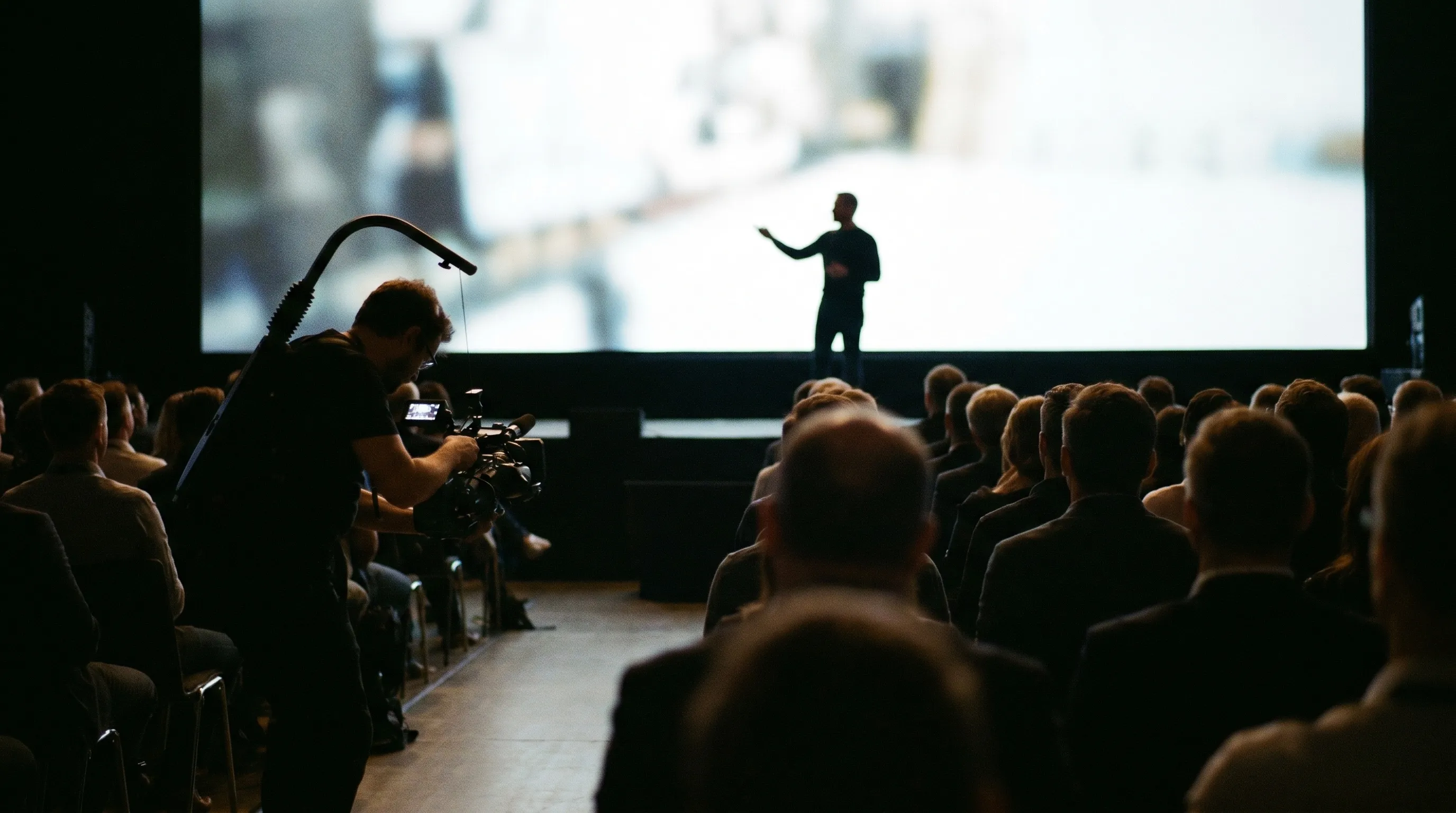 Keynote de lancement de produit sur une scène sombre, écran lumineux et silhouette de l'orateur