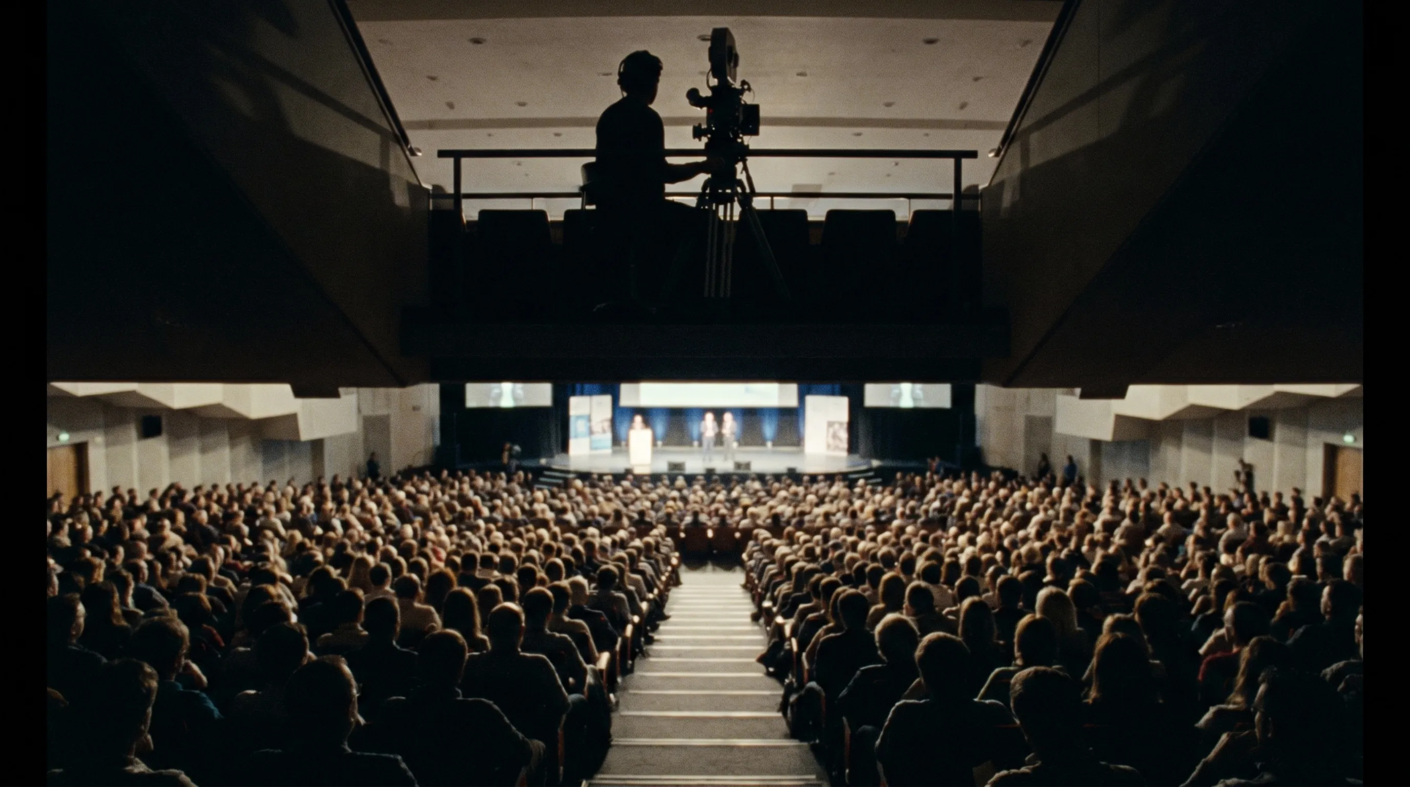 Vaste auditorium de centre de congrès parisien, gradins et grande scène éclairée