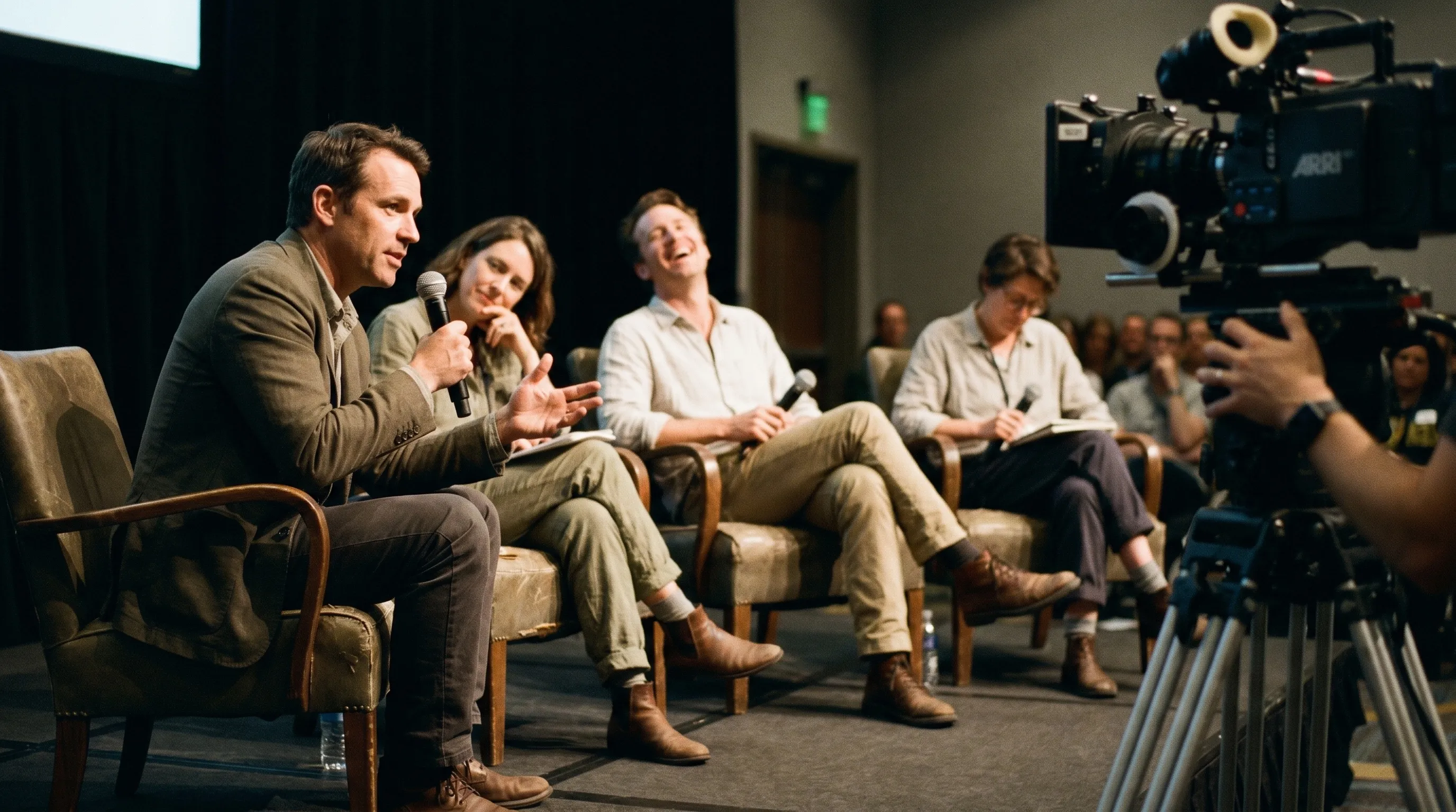 Table ronde filmée sur une scène de conférence, quatre intervenants en fauteuils avec micros