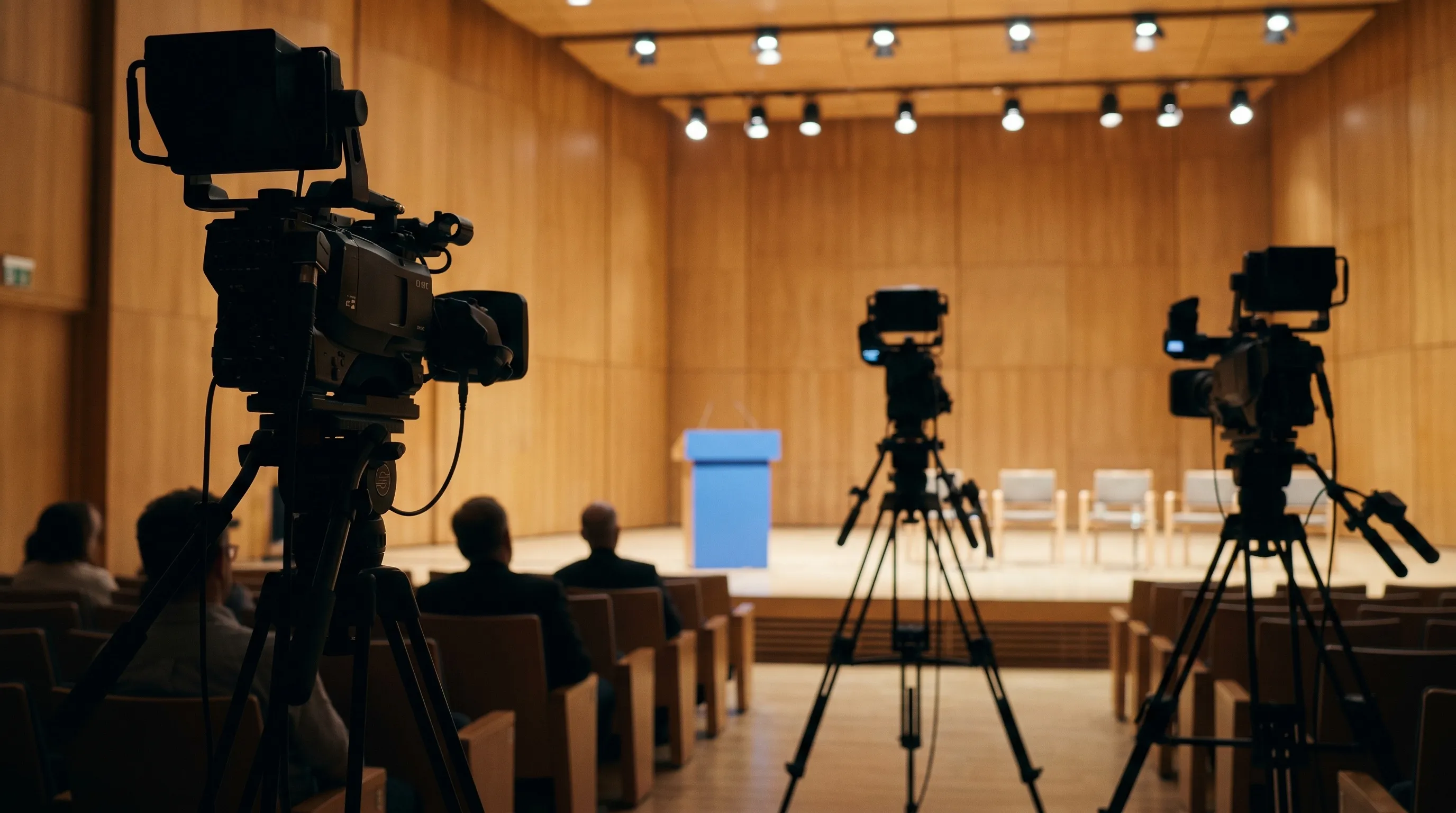 Trois caméras professionnelles à des positions distinctes dans une salle de conférence parisienne