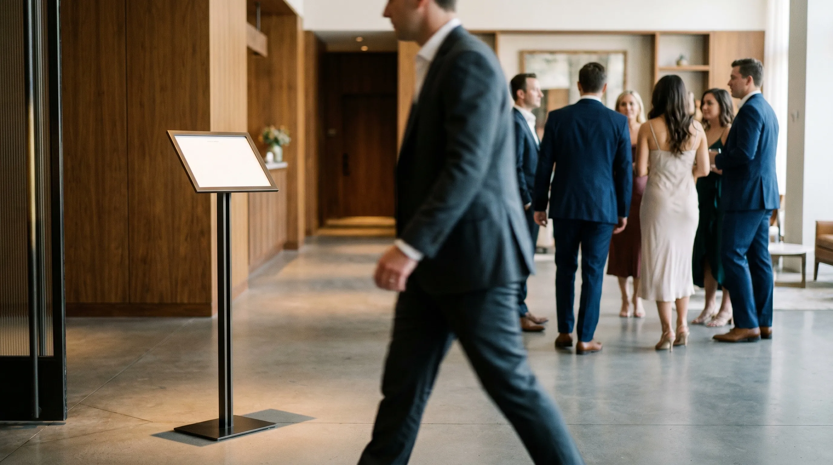 Panneau d'information discret à l'entrée d'un événement d'entreprise dans un hall parisien élégant
