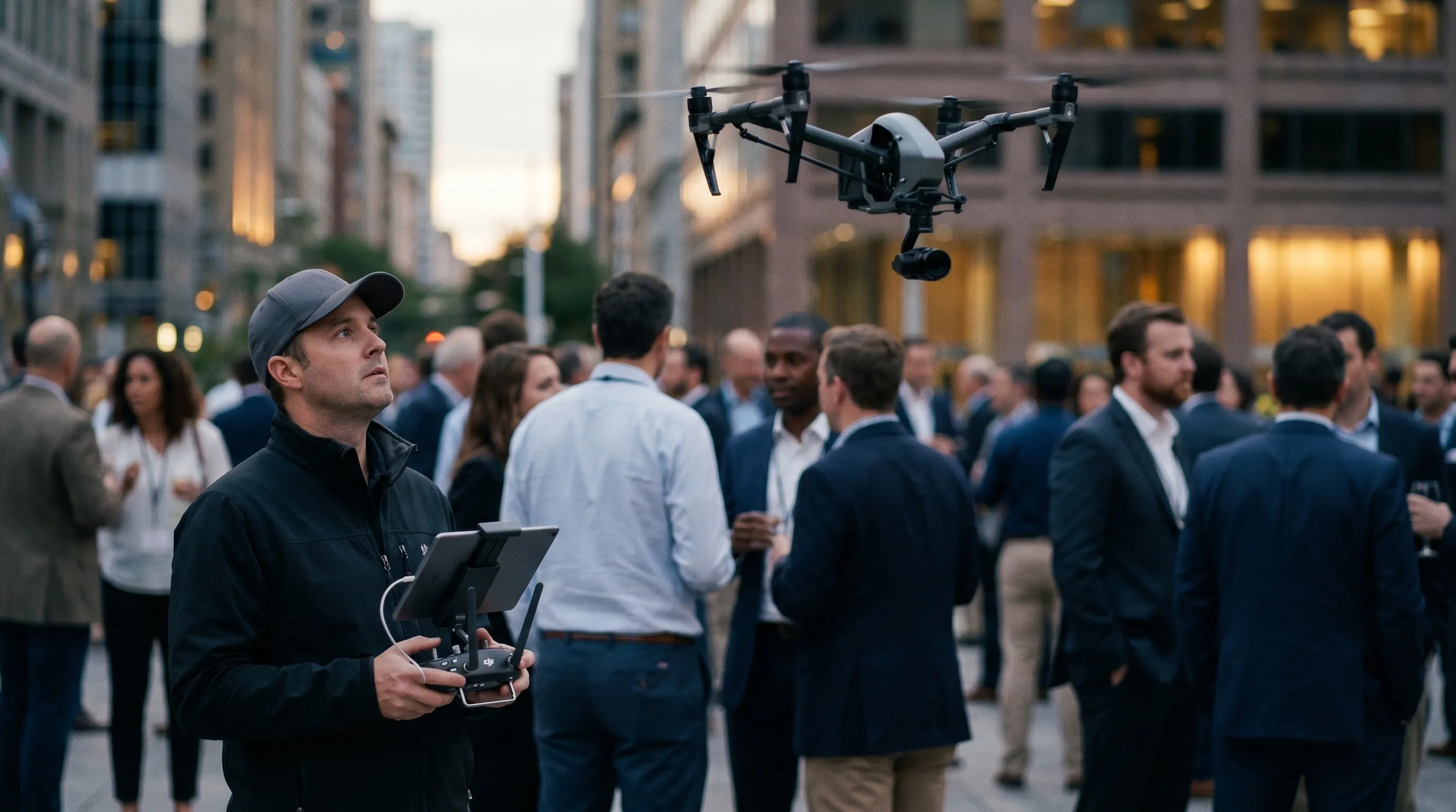 Drone caméra survolant un événement d'entreprise en extérieur à Paris au coucher du soleil