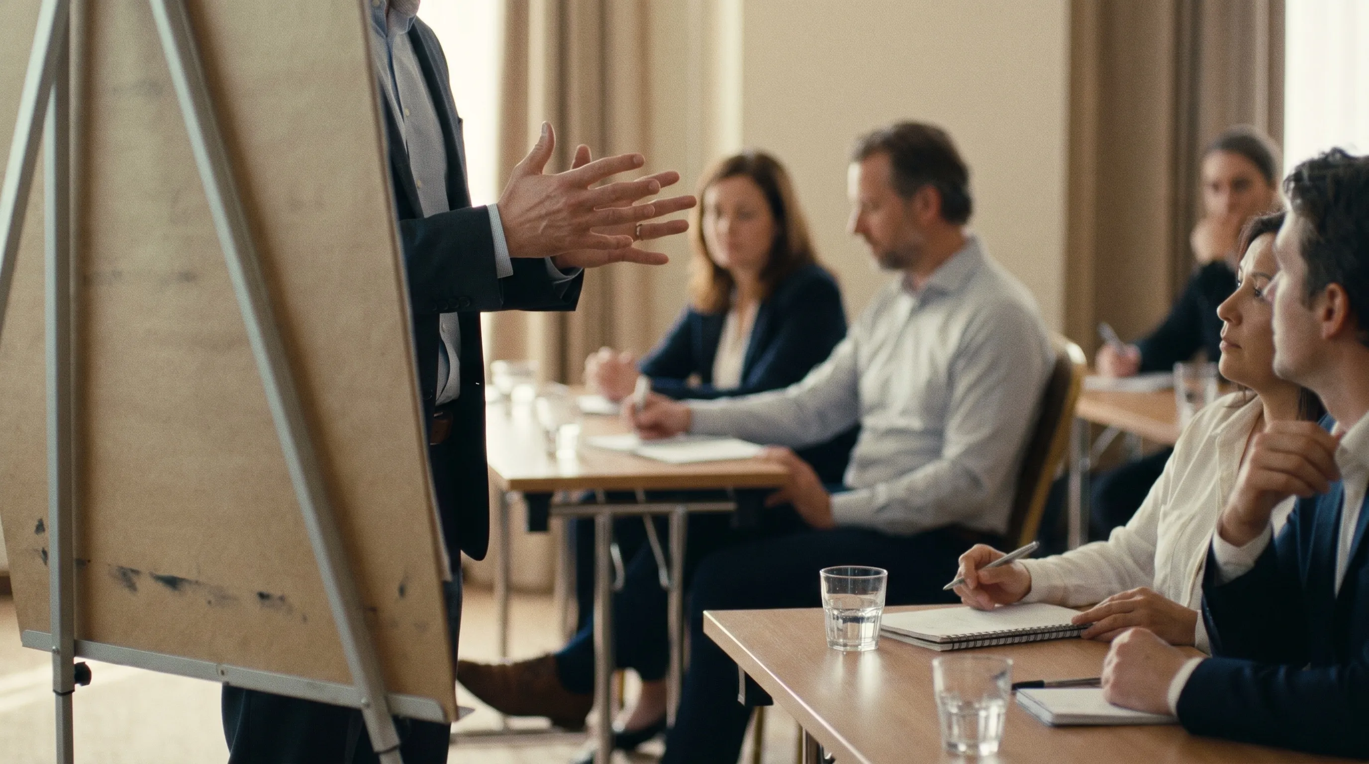Séminaire d'entreprise dans un salon parisien lumineux, intervenant devant des participants attentifs