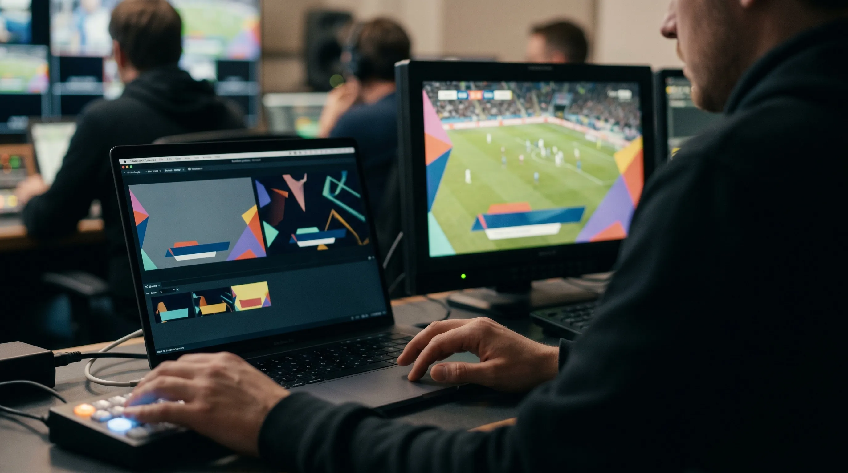 Opérateur graphique ajoutant titrages et incrustations à un flux live sur un moniteur de régie