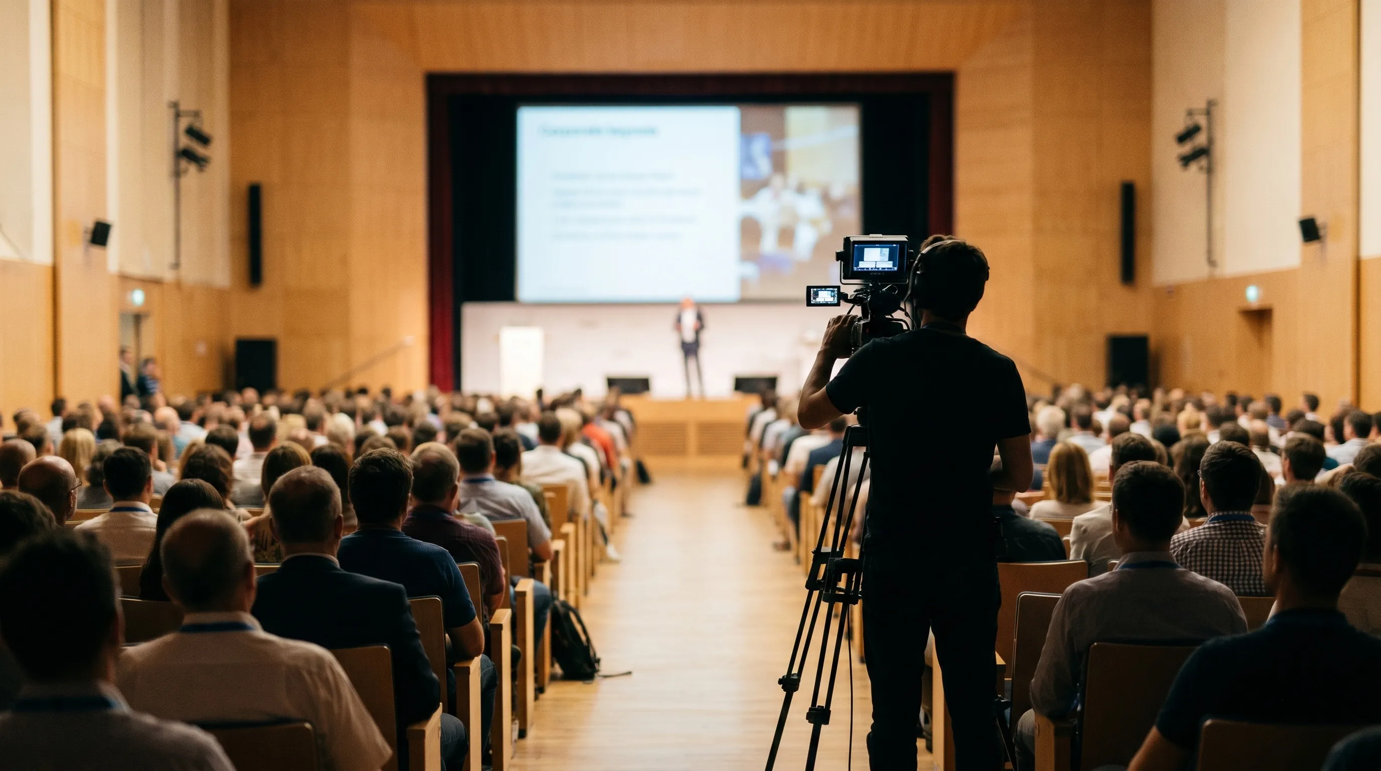 Salle de conférence parisienne pendant une keynote, cadreur au premier plan filmant la scène