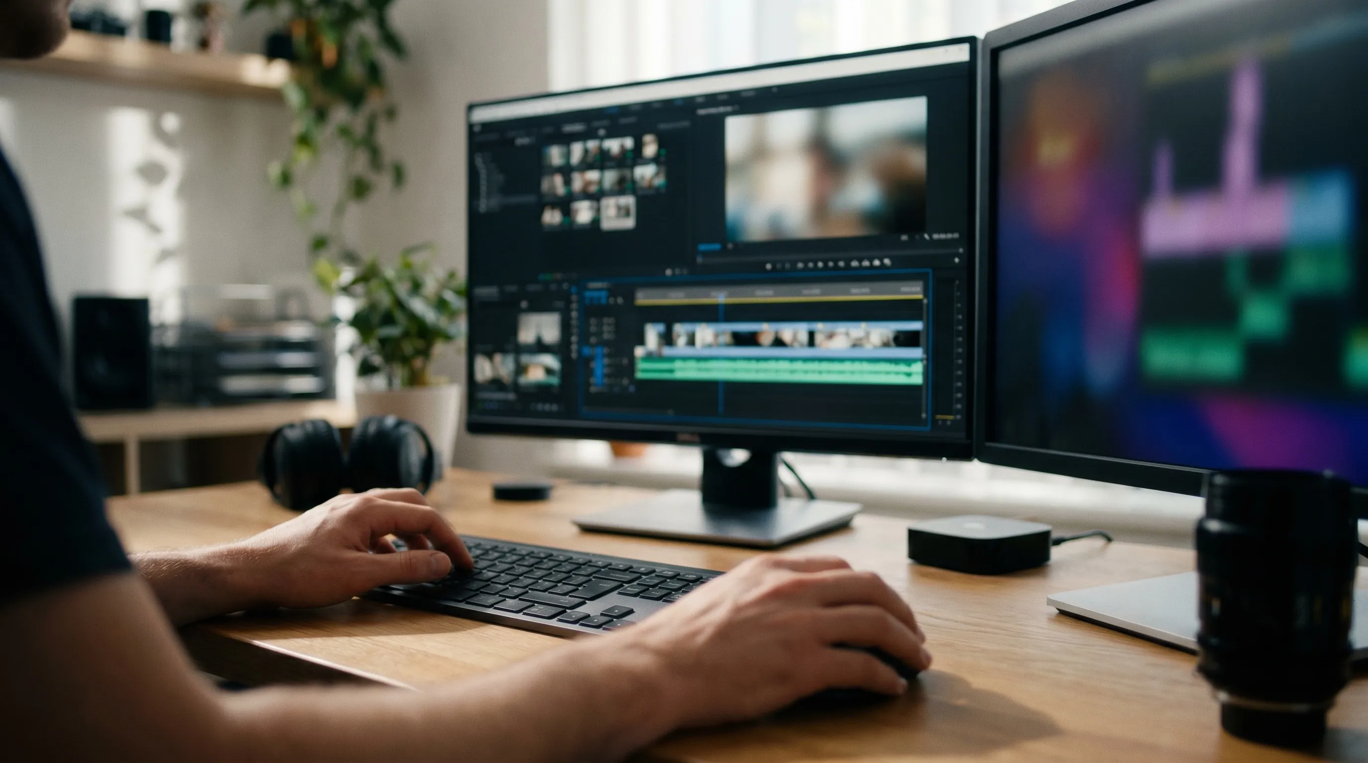 Station de montage vidéo dans une salle de post-production sombre, timeline lumineuse à l'écran