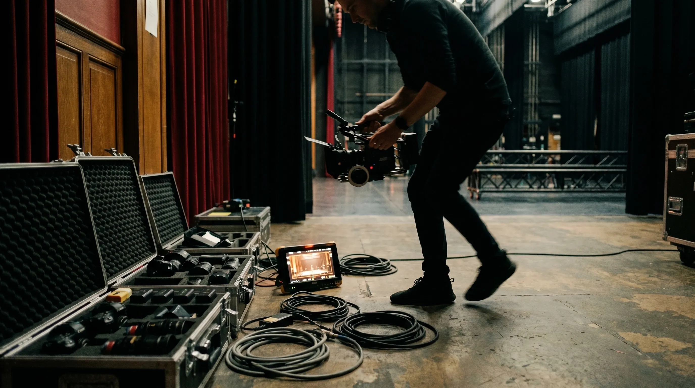Coulisses de production élégantes au crépuscule, flight cases ouverts et moniteur allumé
