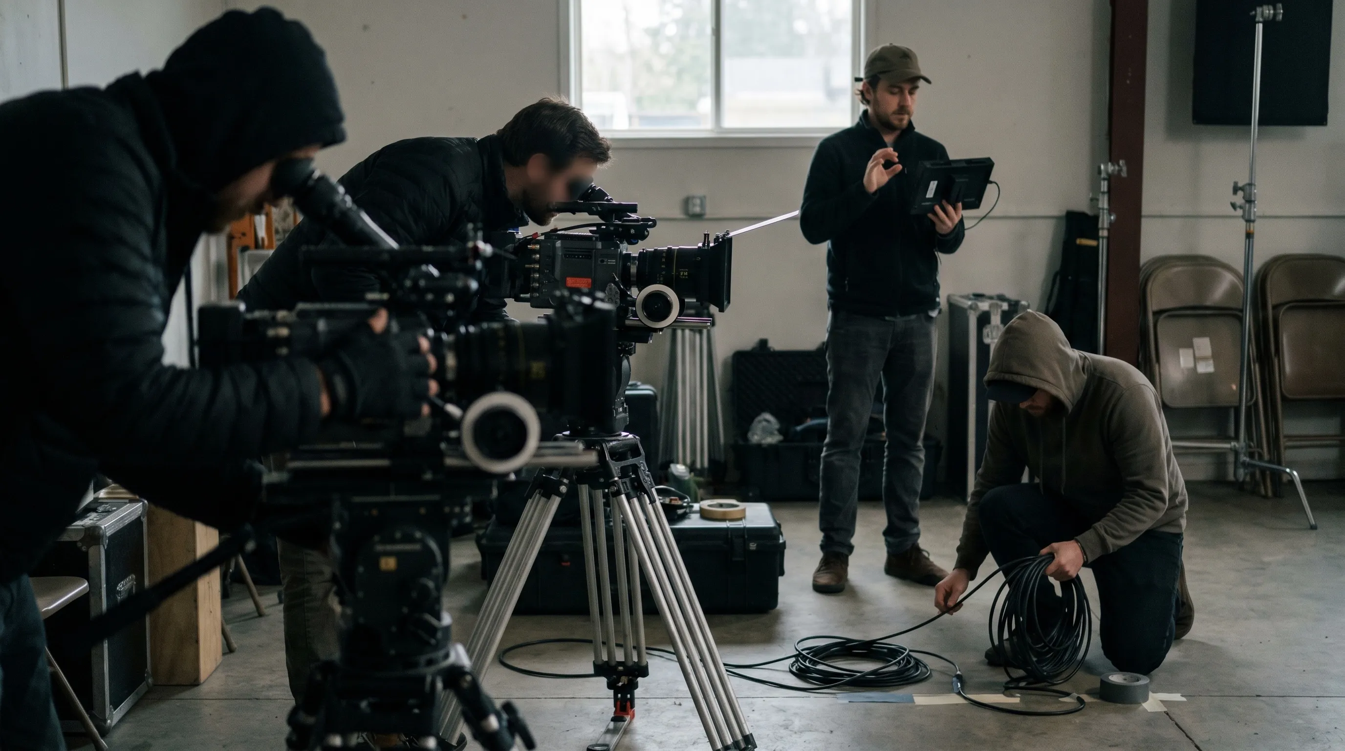 Équipe vidéo professionnelle installant un dispositif multicaméra dans une salle d'entreprise