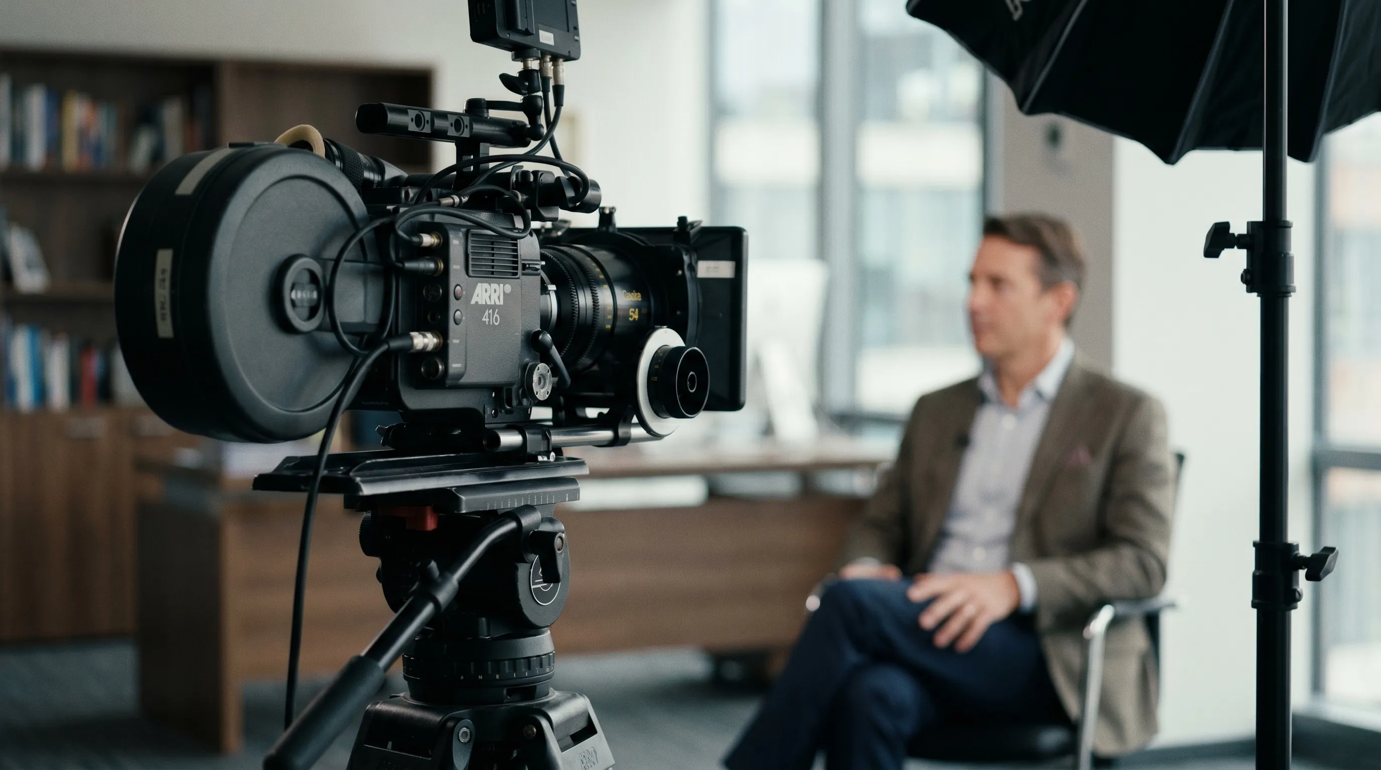 Caméra de cinéma cadrant un dirigeant bien éclairé pour une interview filmée en entreprise