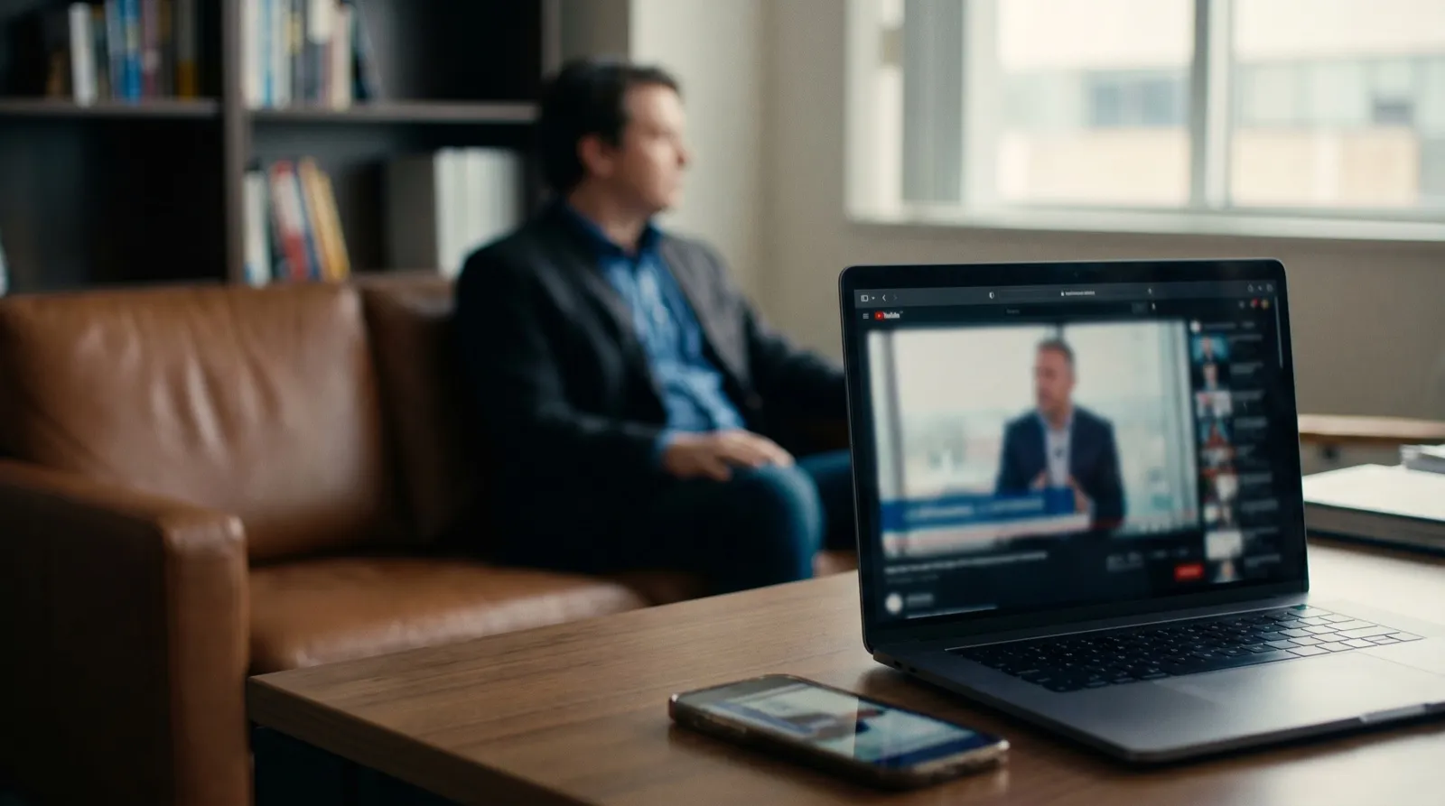 Collaborateurs à distance suivant un événement diffusé en direct sur ordinateur et smartphone
