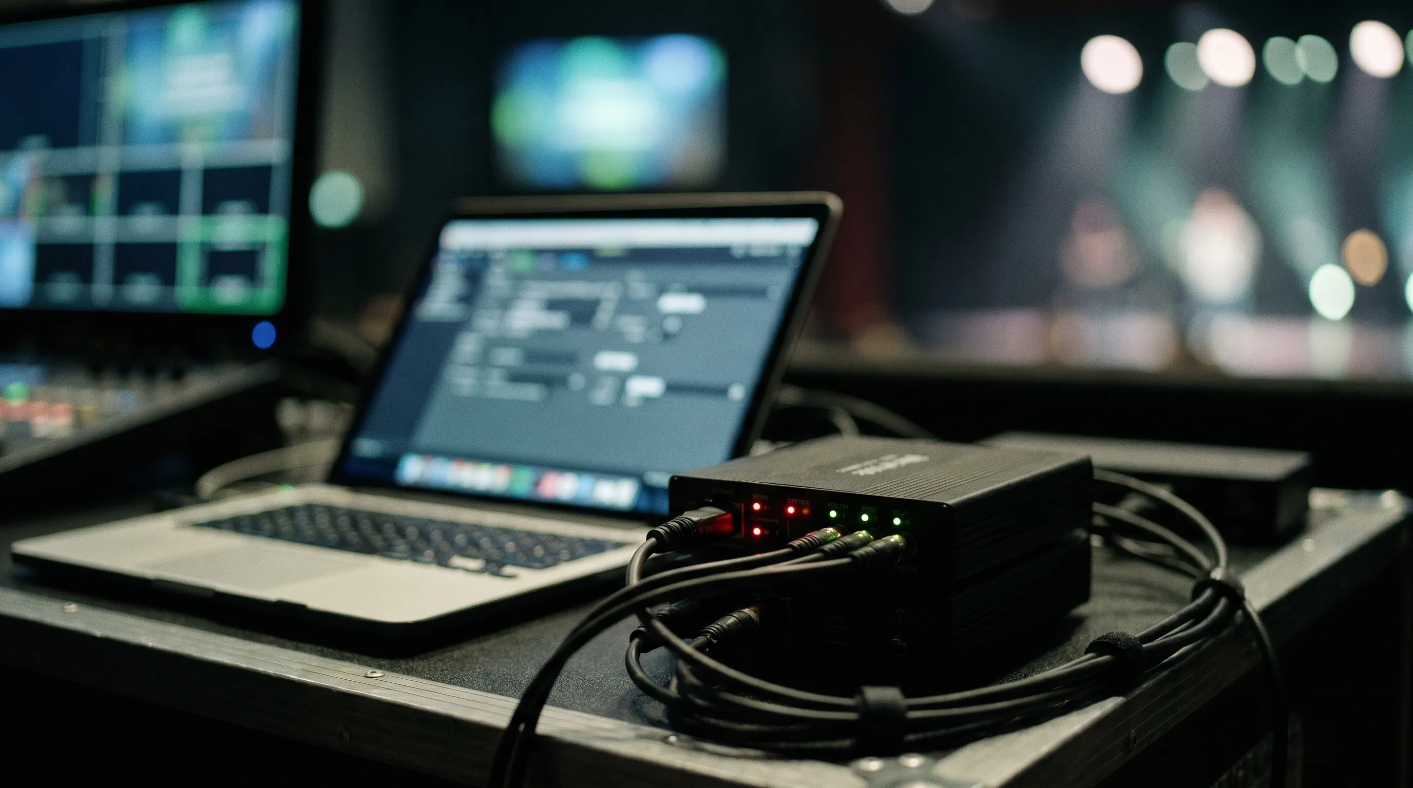 Station de diffusion en direct avec ordinateur portable et encodeur sur une table technique en bord de scène