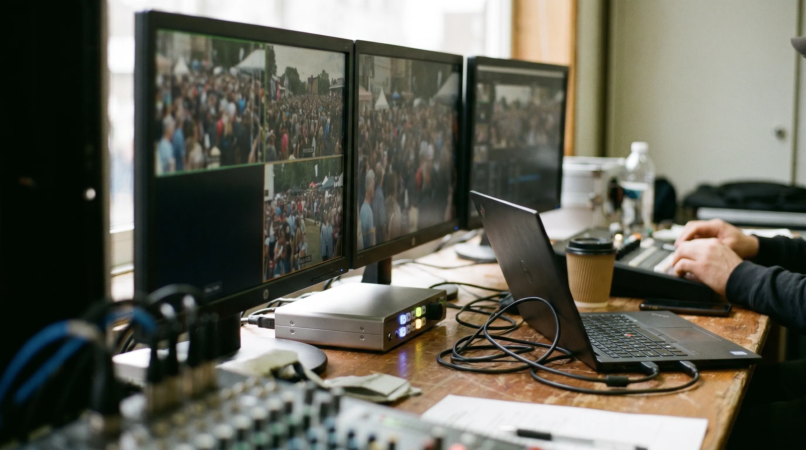 Régie de diffusion avec trois moniteurs montrant chacun un flux live d'une même plateforme