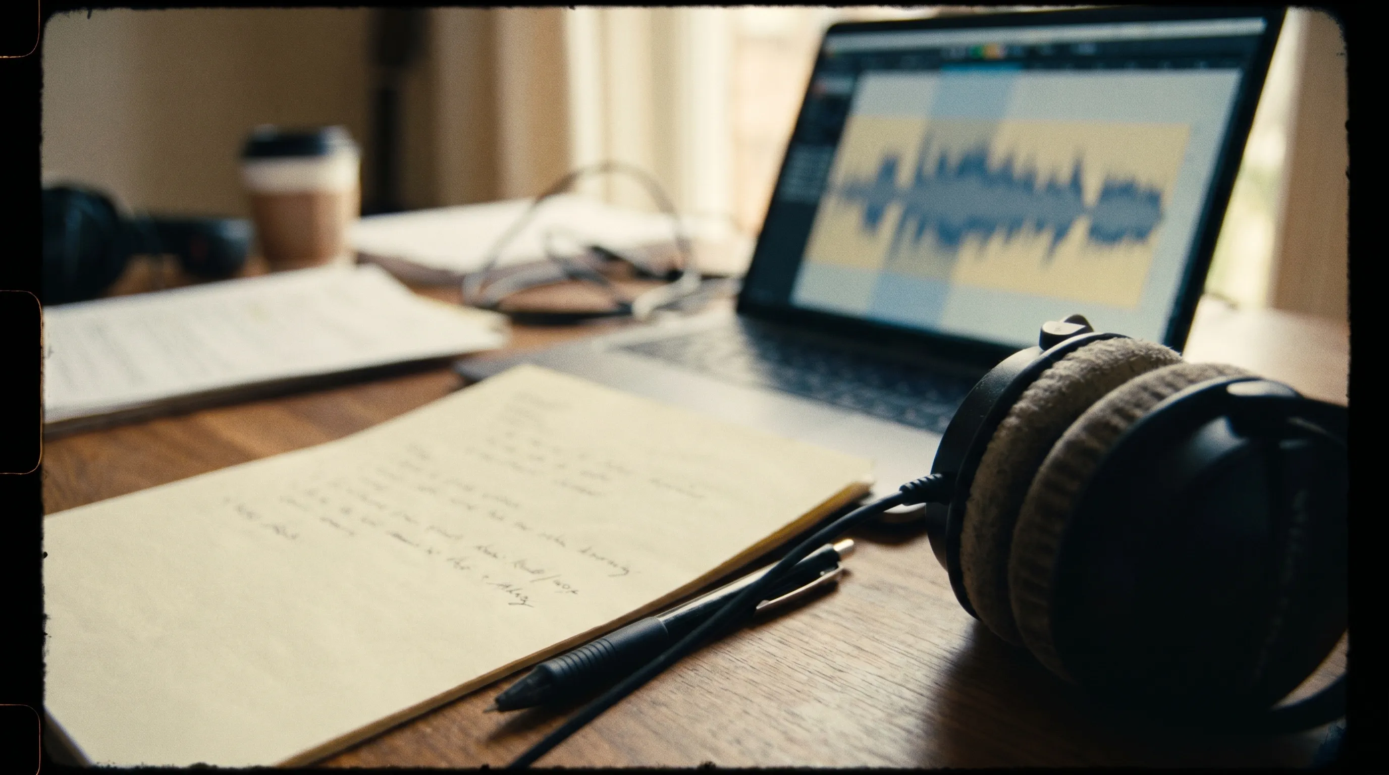 Casque audio, ordinateur avec une forme d'onde et un document de licence musicale sur un bureau