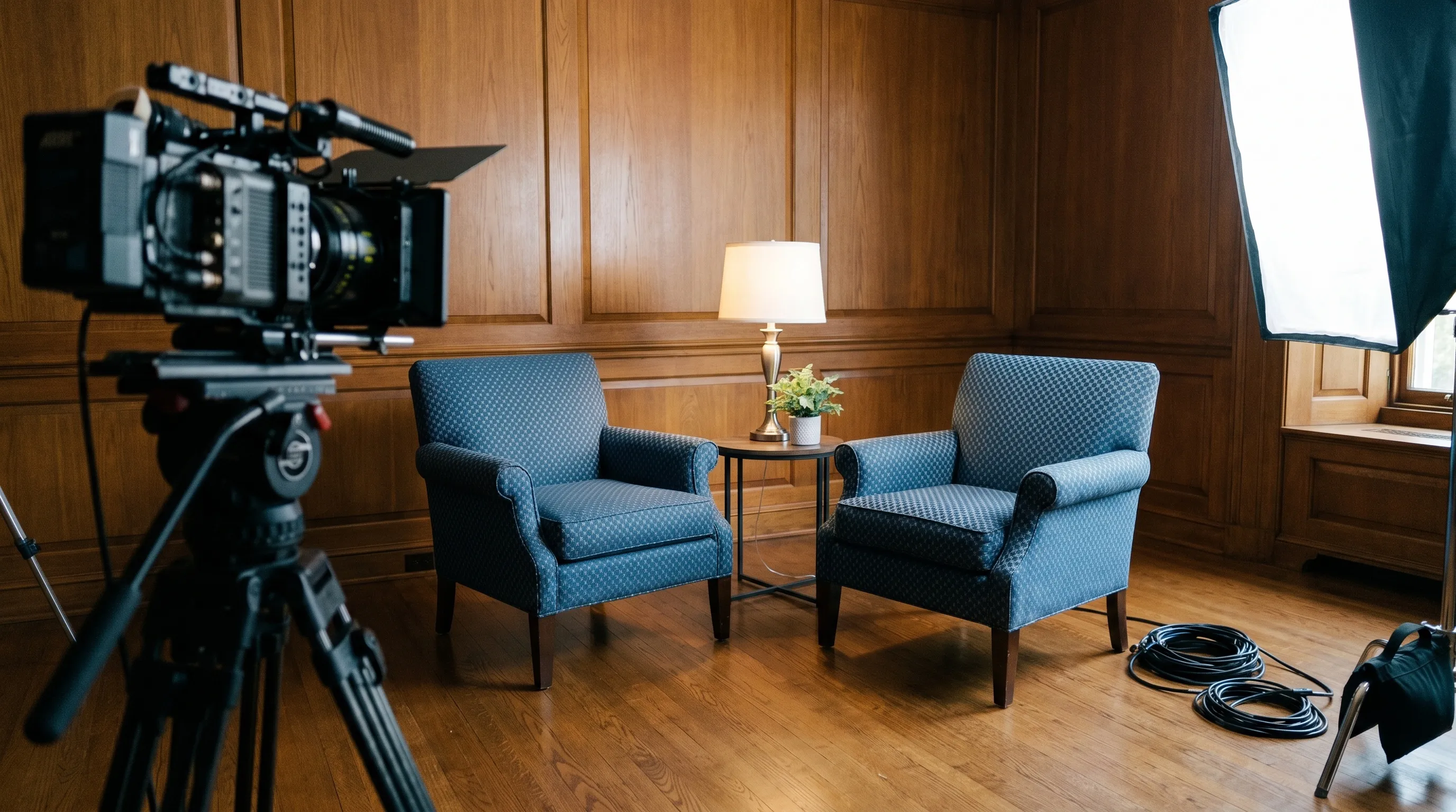 Plateau d’interview avec deux fauteuils et une caméra installés sur un événement