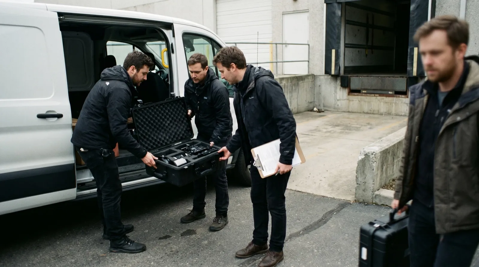 Équipe de production déchargeant le matériel de captation à l'entrée d'un lieu parisien