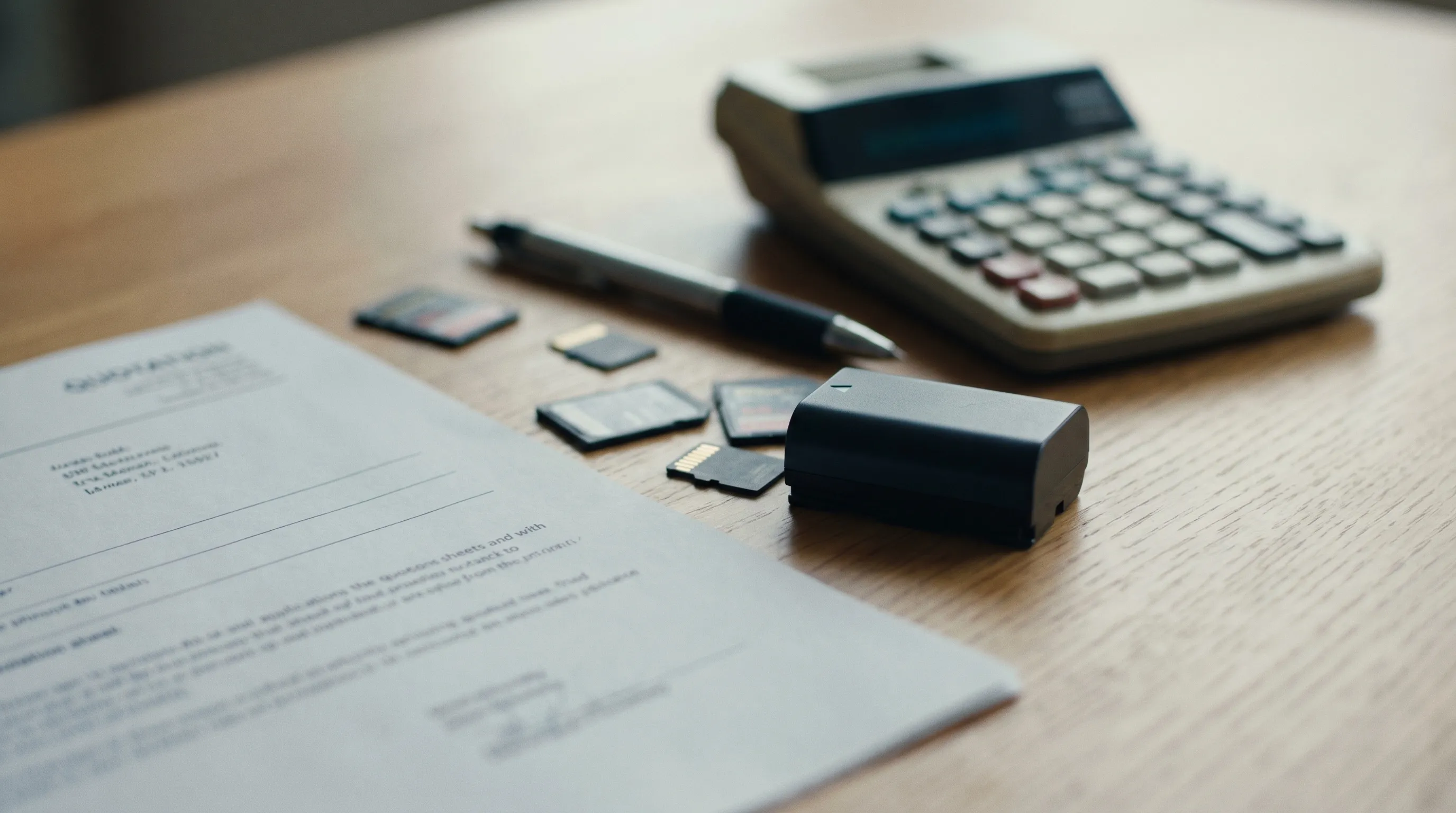 Bureau de production avec devis imprimé, calculatrice, batterie de caméra et cartes mémoire dans une lumière chaude