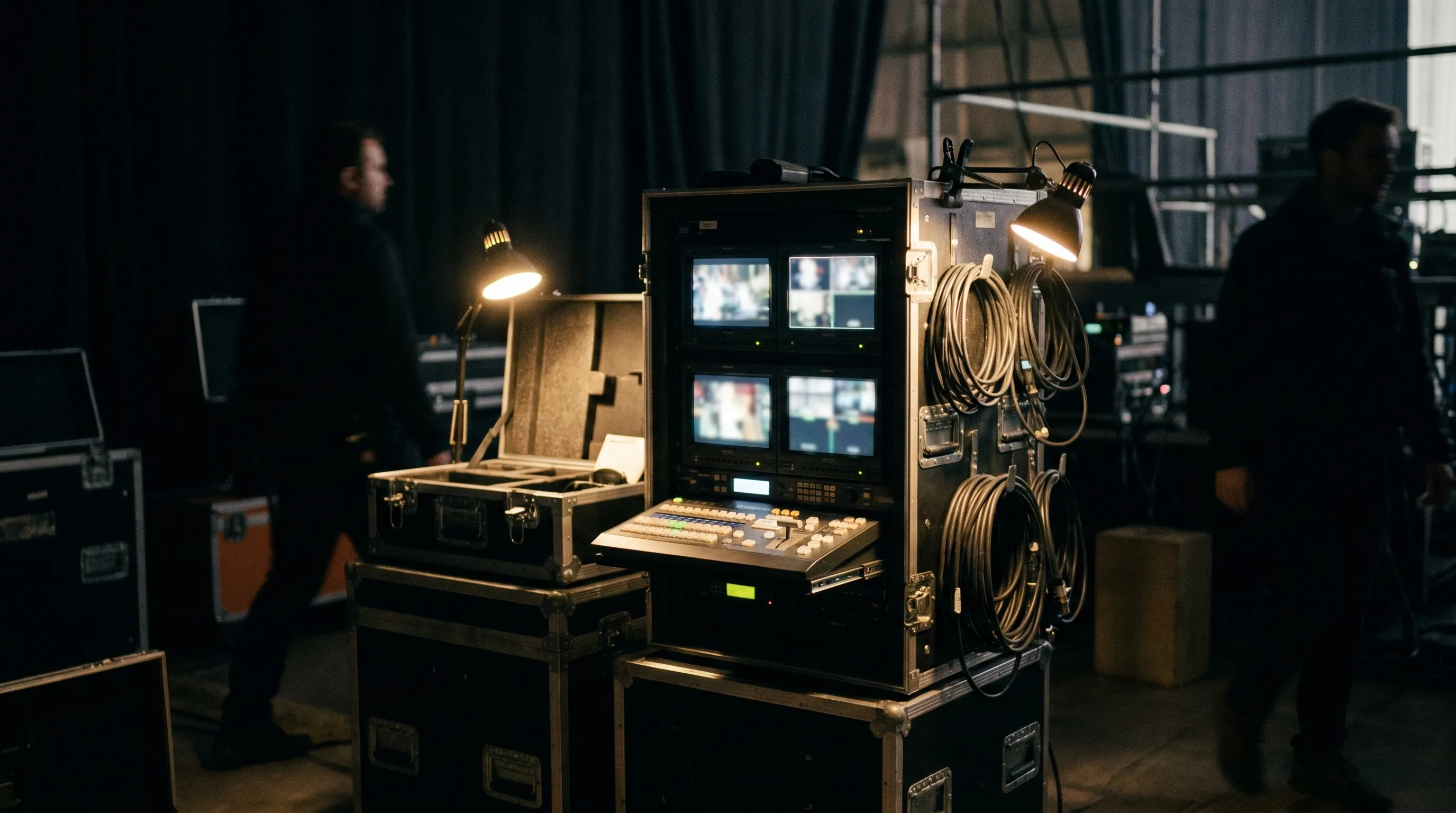 Régie vidéo mobile en flight cases avec moniteurs et mélangeur, en coulisses d'un événement