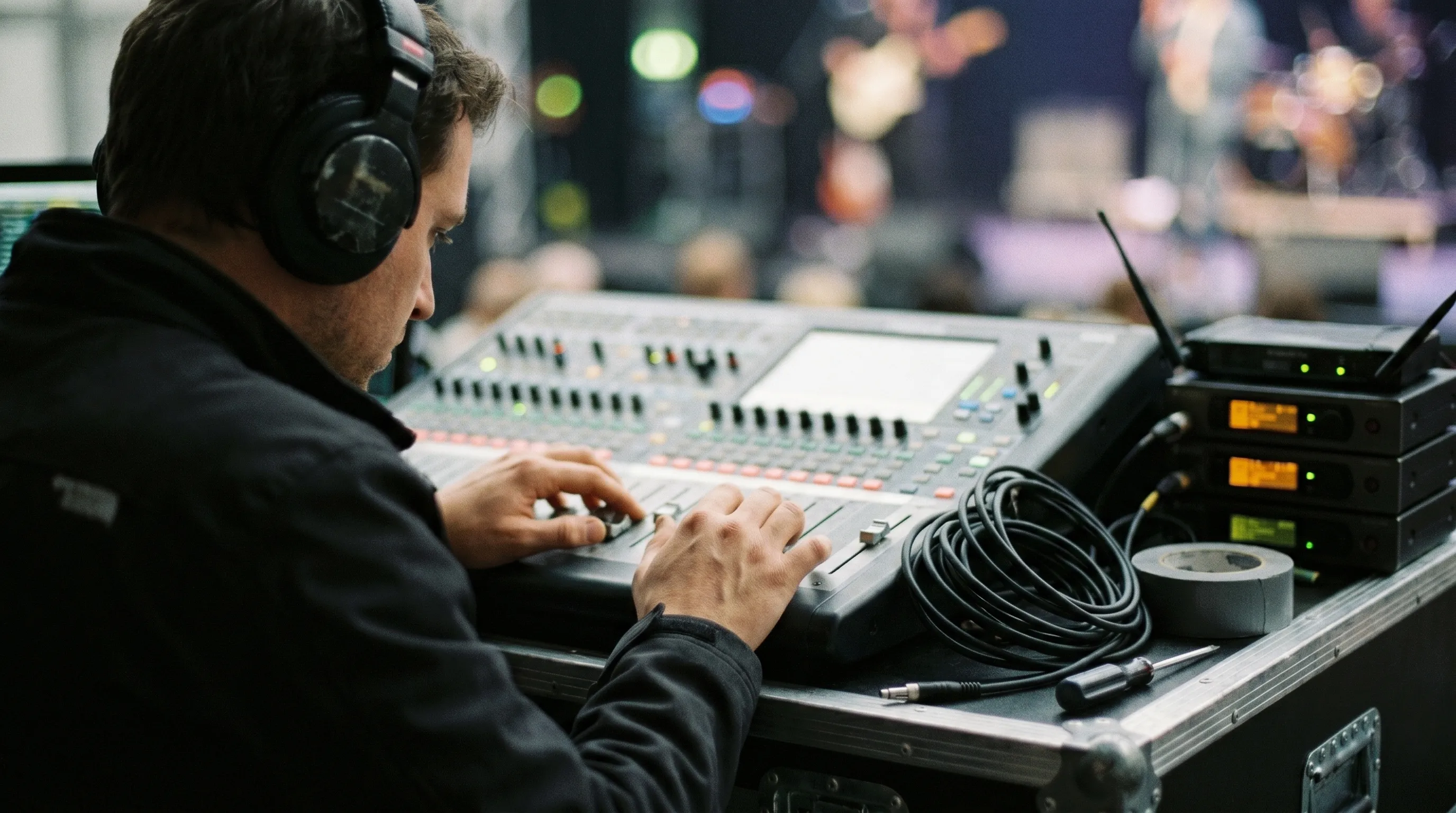 Technicien son à une console de mixage pendant un événement, casque et micros HF