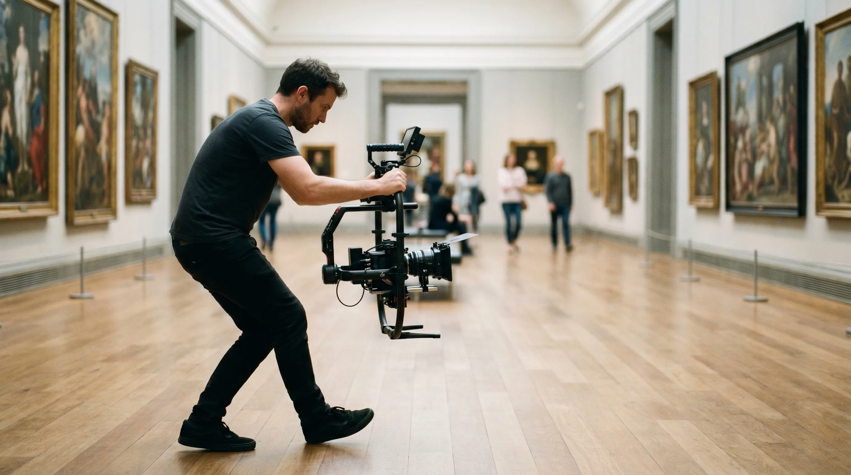 Cadreur au stabilisateur filmant dans une galerie de musée parisienne, œuvres floutées