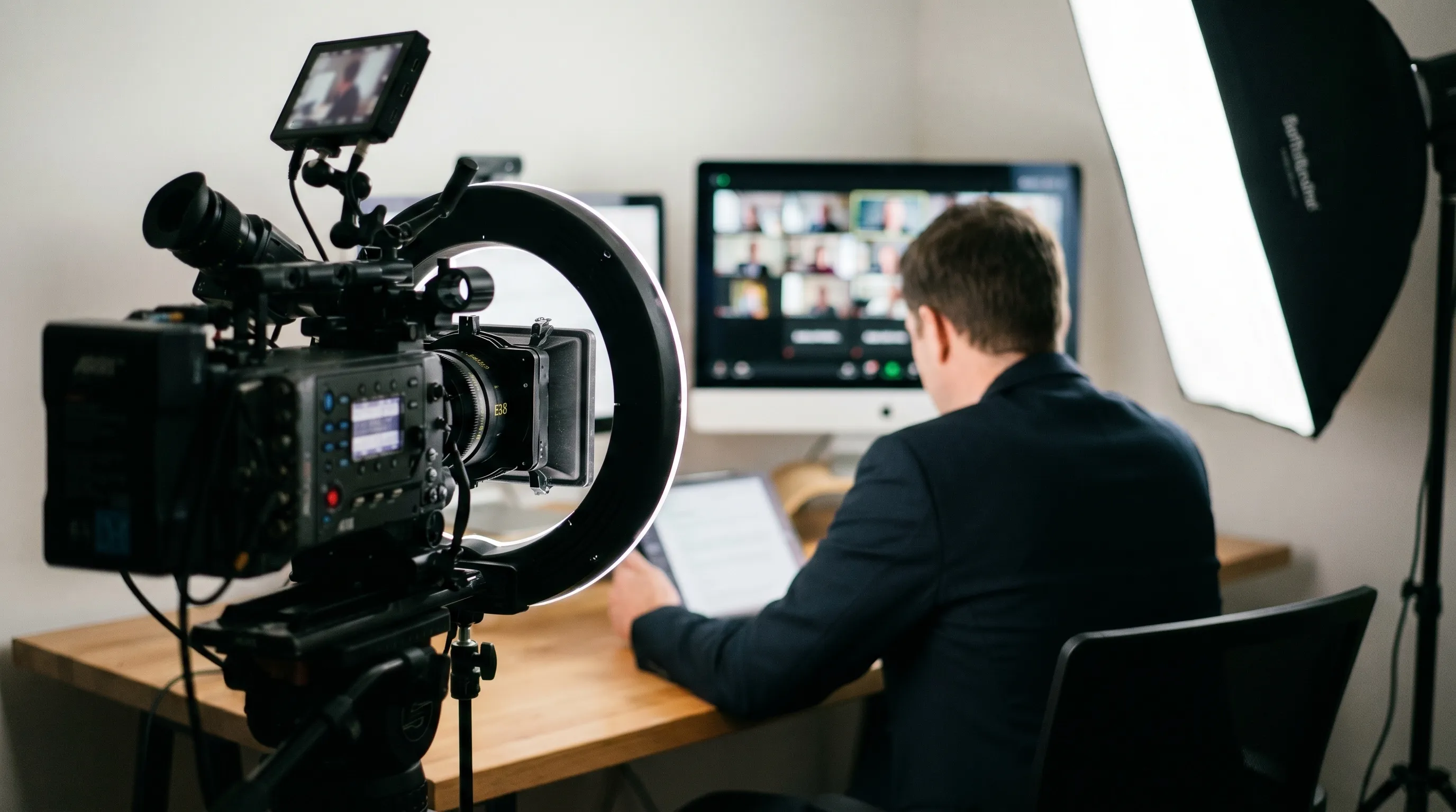 Intervenant animant un webinaire face à une caméra avec ring light, écran d'audience distante